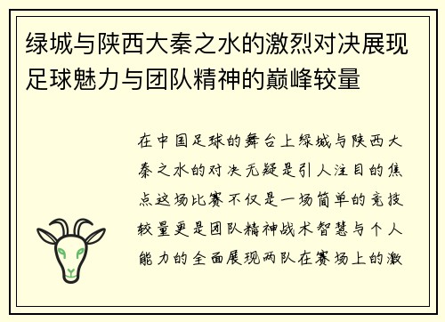 绿城与陕西大秦之水的激烈对决展现足球魅力与团队精神的巅峰较量